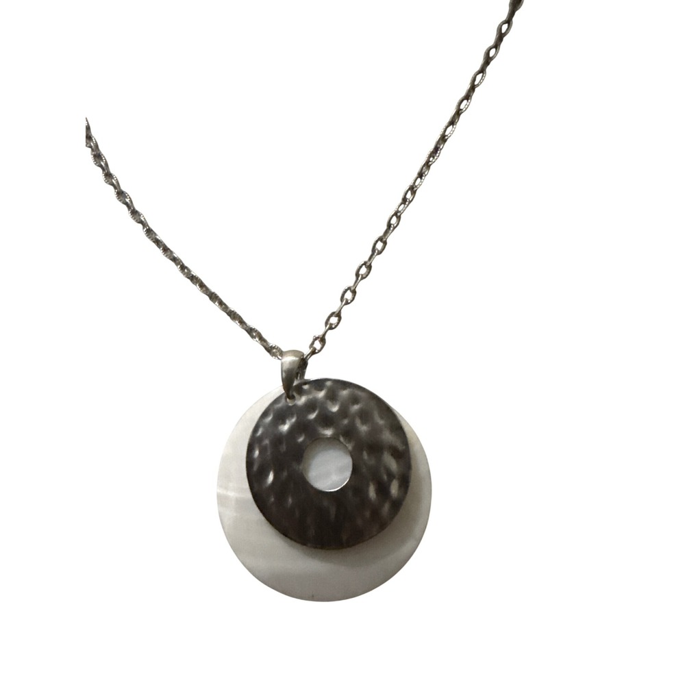 Cookie Lee Silver Tone Hammered Metal White Mother Pearl Layer Pendant Necklace